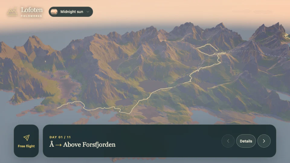 Lofoten Crossing day-one view with a route glowing across low-poly mountain terrain