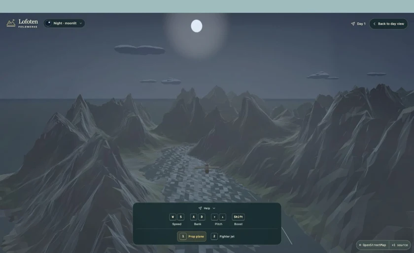 Free flight over the fjord on the approach to Reine in moonlit night lighting